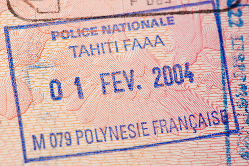 Passport page with the immigration control of French Polynesia stamp.