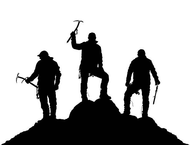 istock black silhouette of three climbers with ice axe in hand 504386260