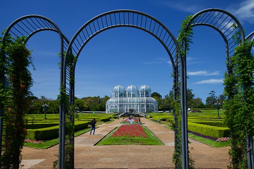 Curitiba, Brazil - September 23, 2014. Image botanical garden entrance of Curitiba in Parana state , one of the most beautiful urban parks in Brazil , which highlights its large glass greenhouse.