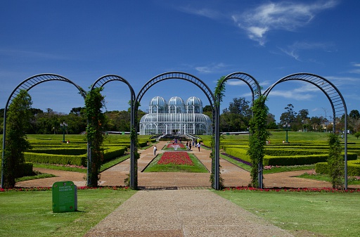 Curitiba, Brazil - September 23, 2014. Image botanical garden entrance of Curitiba in Parana state , one of the most beautiful urban parks in Brazil , which highlights its large glass greenhouse.