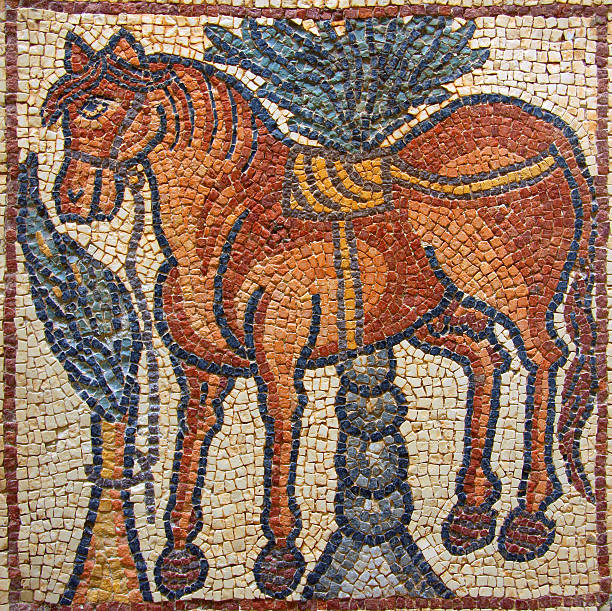 Byzantine mosaic of a horse. Cyrenaica, Libya Ancient well preserved Byzantine mosaic depicting a horse and a palm tree. Qsar, Cyrenaica, Libya libyan culture stock pictures, royalty-free photos & images