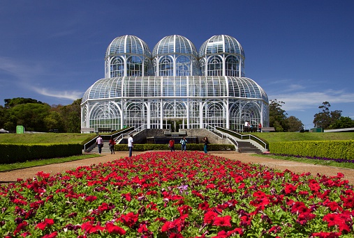 Curitiba, Brazil. September 23, 2014. Image botanical garden entrance of Curitiba in Parana state , one of the most beautiful urban parks in Brazil , which highlights its large glass greenhouse.