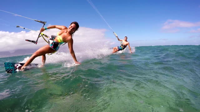 Couple Kite Surfing In Ocean, Extreme Summer Sport