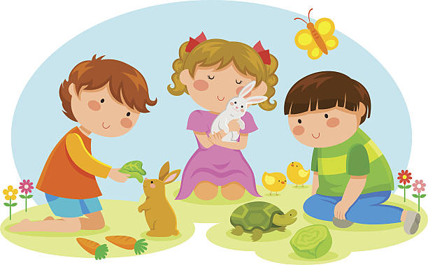 kids and animals kids playing with animals petting zoo stock illustrations