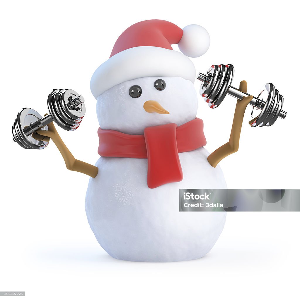 3d Snowman works out with weights 3d render of a snowman working out with weights Exercising Stock Photo