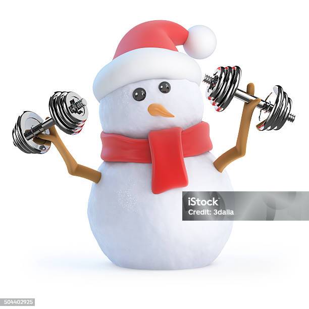 3d Snowman Works Out With Weights Stock Photo - Download Image Now - Exercising, Snowman, Christmas