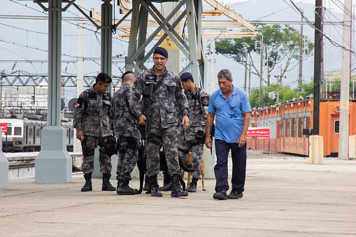 Rio de Janeiro, Brazil, 11th January 2016: BAC-Action Battalion with Dogs conducts training against terrorism for the Olympic Games Rio 2016. The BAC dogs are trained to identify weapons, drugs and explosives in different situations. BAC dogs trained at the Central do Brasil railway station