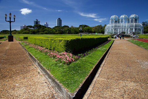 Curitiba, Brazil. September 23, 2014. Image botanical garden entrance of Curitiba in Parana state , one of the most beautiful urban parks in Brazil , which highlights its large glass greenhouse.