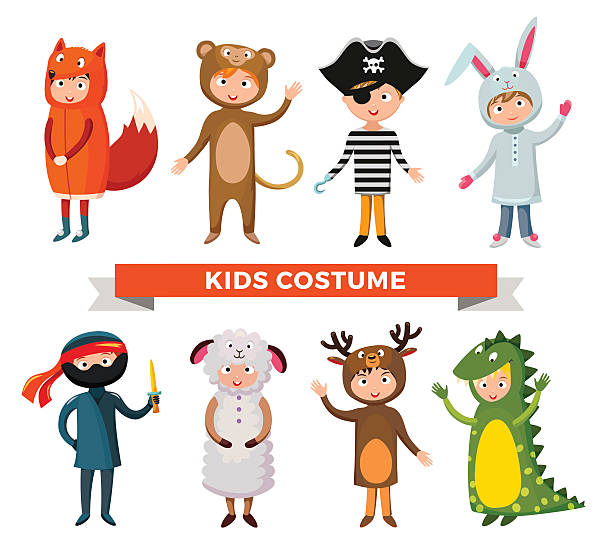 Kids different costumes isolated vector illustration Kids different costumes isolated vector illustration. Dragon, crocodile, sheep and deer. Snowman, bear, ninja, rabbit and fox, pirate.Kids costume vector isolated. Children party costume. Kids costume kid animal costume stock illustrations