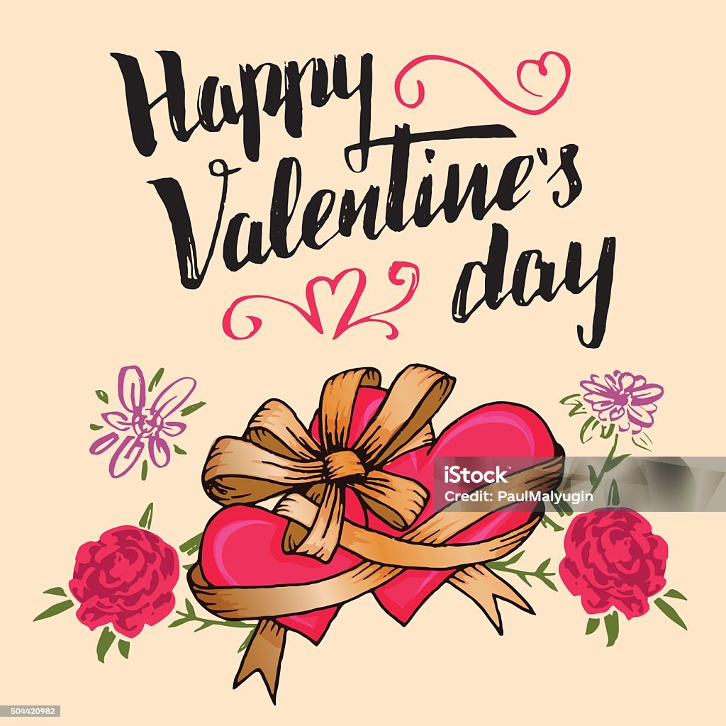 Happy Valentine's day greeting card Happy Valentine's day greeting card. Brush calligraphy with two hearts tied with a ribbon bow and flowers Alphabet stock vector