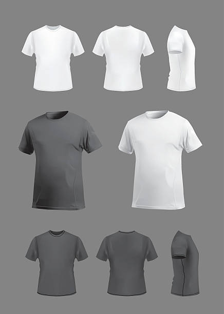 t-셔츠 형판 mockup 세트, 전면, 후면, 측면 및 원근 전망을 감상할 수 있습니다. - shirt cotton textile contemporary stock illustrations