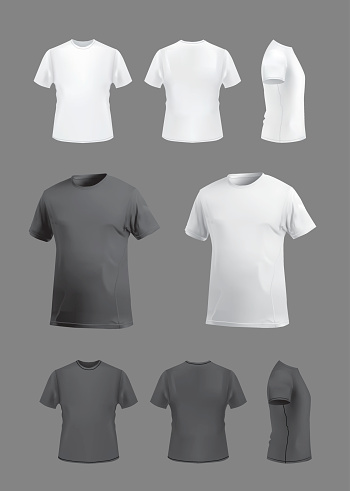 T-shirt template set on grey background, vector eps10 illustration. Front view, back view and side and perspective view of t-shirt.