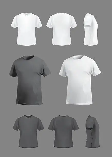 Vector illustration of T-shirt template mockup set, front, back, side and perspective views.