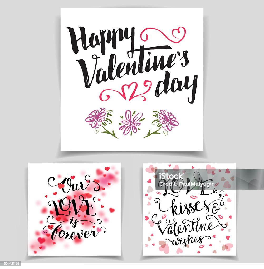 Brush calligraphy love cards set Brush calligraphy love cards set. Handwritten text isolated on white background for happy Valentine's day cards, wedding cards, t-shirts or posters Alphabet stock vector