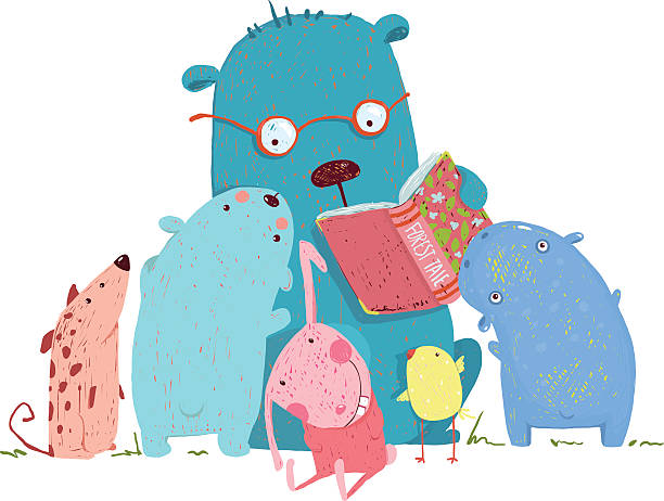 illustrazioni stock, clip art, cartoni animati e icone di tendenza di bear lettura libro per bambini gruppo di animali - animal young bird baby chicken chicken