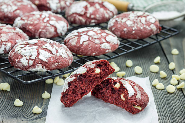 istock Red velvet crinkle cookies with white chocolate chips 504421716