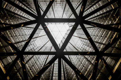 The dramatic interior atrium of the Sumitomo skyscraper in downtown Shinjuku, Tokyo, Japan.