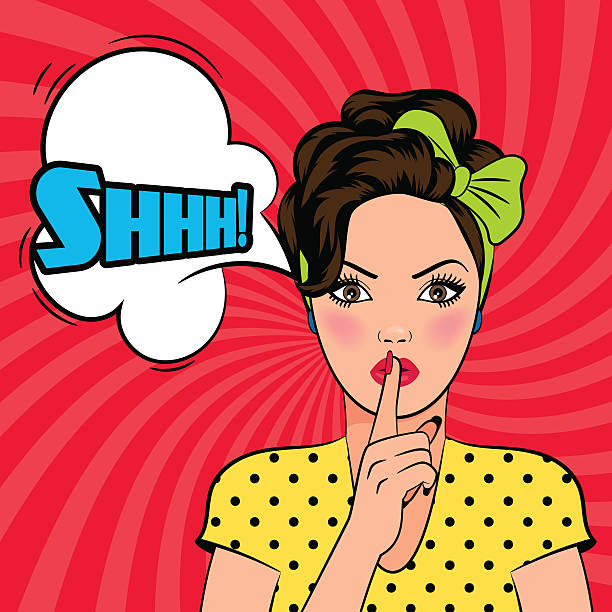 illustrazioni stock, clip art, cartoni animati e icone di tendenza di vettoriale pop art donna chiedendo silenzio - finger on lips silence women symbol