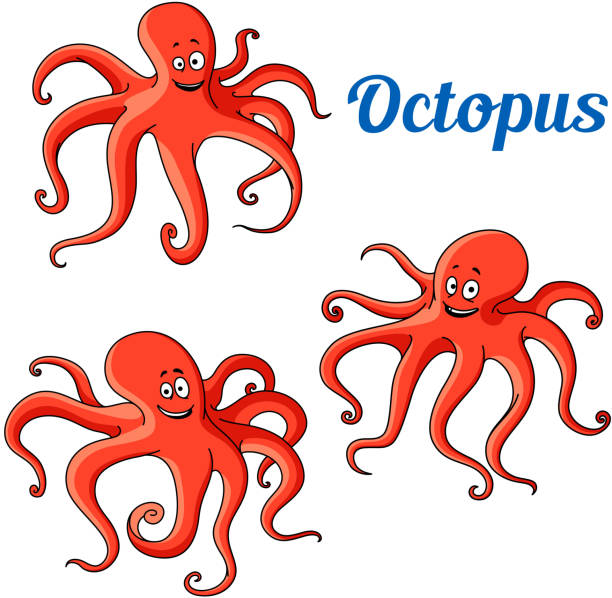 Funny And Joyful Cartoon Red Octopuses Stock Illustration - Download Image  Now - Cartoon, Octopus, Animal - iStock