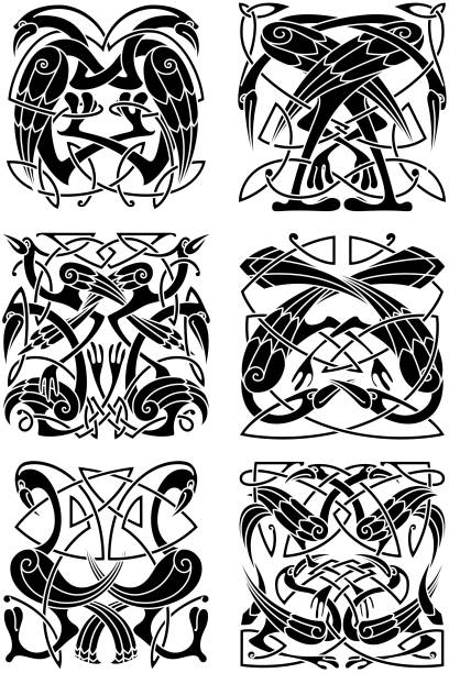 Celtic knot ornament with herons and storks Medieval celtic ornaments with herons, storks and cranes supplemented by traditional knot patterns. Great usage for tattoo, vintage embellishment or t-shirt print celtic knot animals stock illustrations