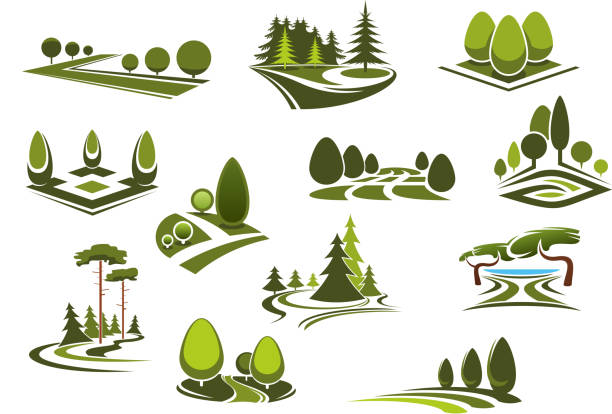 Forest, public park and garden landscapes icons Peaceful nature landscapes icons with green walking alleys, decorative trees and bushes, beautiful lake and grass lawns of city public parks, gardens or forests garden pathway stock illustrations