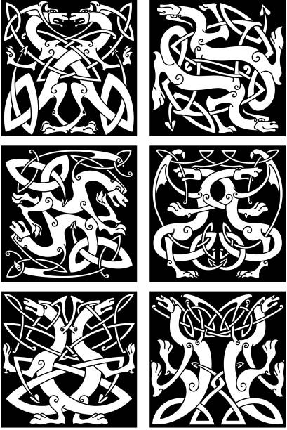 Magic dragons celtic knot patterns in tribal style Magic dragons celtic patterns with traditional medieval knot ornament and tribal decorative elements. May be used as tattoo, heraldic emblem or embellishment design celtic dragon tattoo stock illustrations