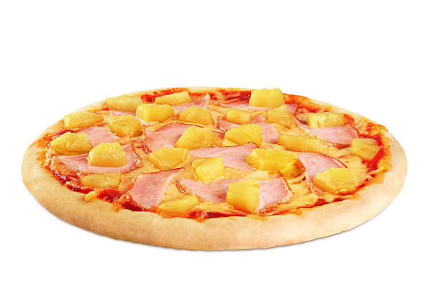 istock Pizza with pineapple and ham on white background. 504427632