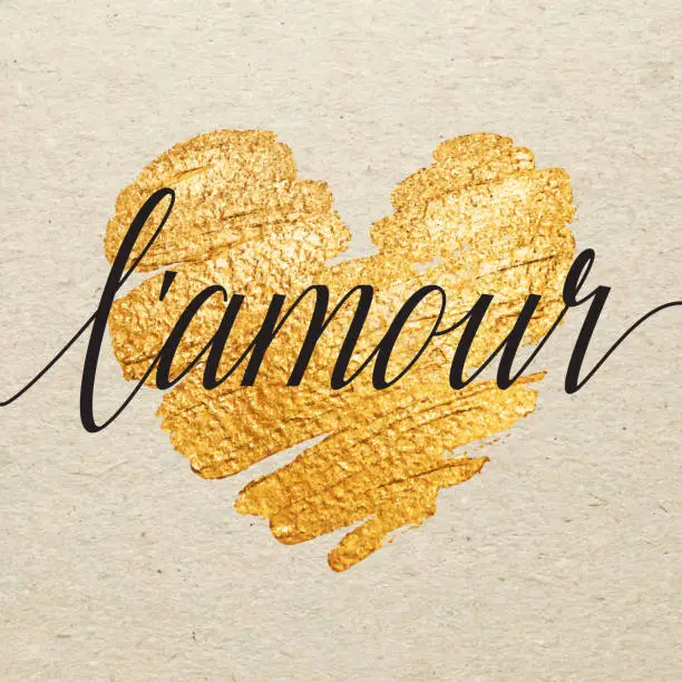 Vector illustration of French Valentines day card. L'amour calligraphy lettering on gold.