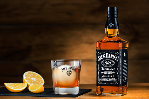 Lublin, lubelskie, Poland - December 15, 2015: 70 cl bottle of Jack Daniel's No.7 Tennessee Sour Mash Whiskey with glass, product of U.S.A.