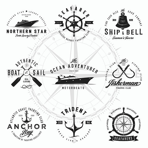 ilustraciones, imágenes clip art, dibujos animados e iconos de stock de náutica de logotipos - pescar ilustraciones