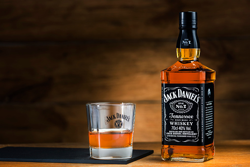 Lublin, lubelskie, Poland - December 15, 2015: 70 cl bottle of Jack Daniel's No.7 Tennessee Sour Mash Whiskey with glass, product of U.S.A.