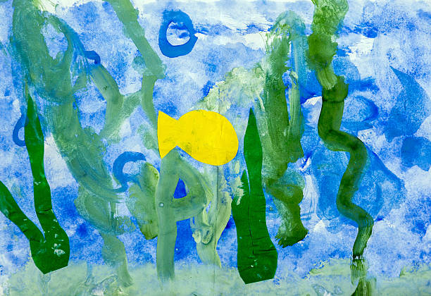 Seafloor. Kid's drawing Children's creativity. Background with kid's drawing and applique (three years old boy) young children pictures stock illustrations