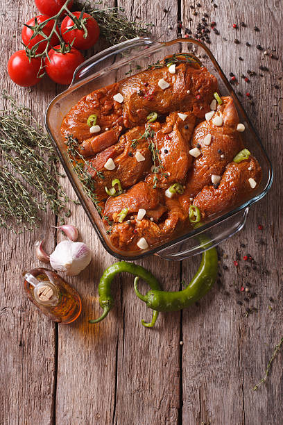 istock Meat in marinade with spices in bowl. vertical top view 504445176