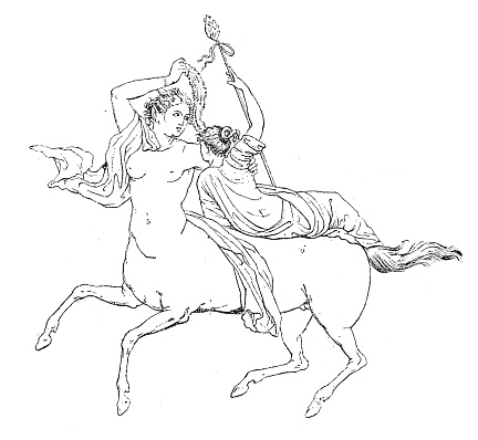 Antique illustration of a Dionysiac scene: a Bacchant sitting on the back of a female Centaur (mythological creatures with the upper body of a human and the lower body of a horse). The Bacchant holds a thyrsus (staff of giant fennel topped with a pine cone, symbol of, fertility and hedonism associated with Dionysus). Drawing taken from a wall painting from the archaeological site of Ercolano (Naples, Italy)