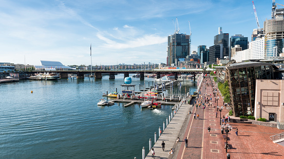Aerial view of Darling Harbour Sydney with Pyrmont Bridge in the background. Copy space left. Istockalypse Sydney 2015.