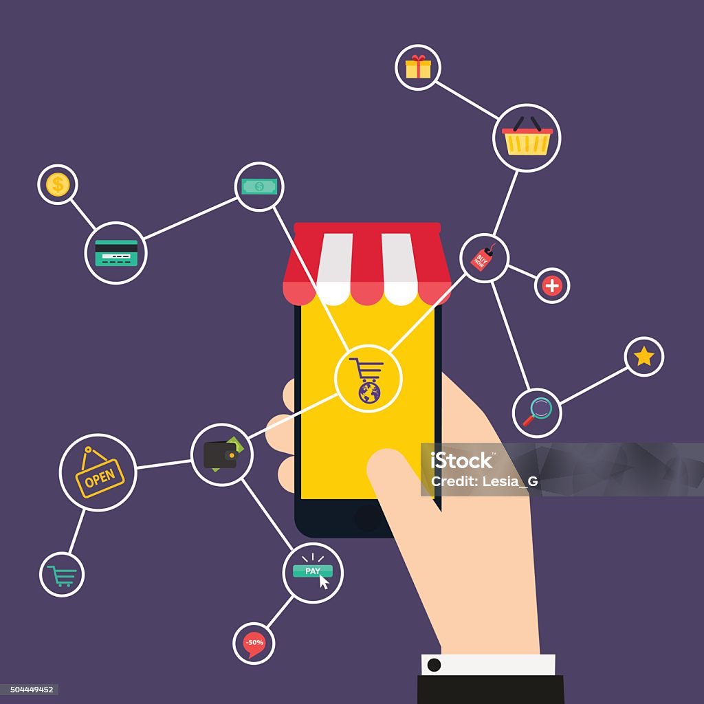 Internet of Things concept. Shopping icons. Hand holding a smart Internet of Things concept. Shopping icons. Hand holding a smartphone, revealing a net of wireless controlled devices. Shopping by smartphone. Vector flat illustration. Arts Culture and Entertainment stock vector
