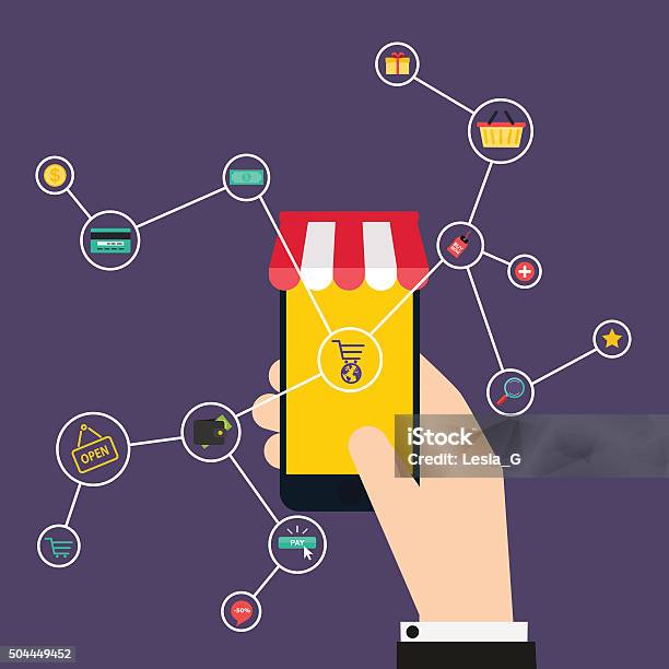 Internet Of Things Concept Shopping Icons Hand Holding A Smart Stock Illustration - Download Image Now