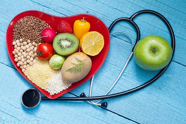 Photo of Food on heart plate with stethoscope