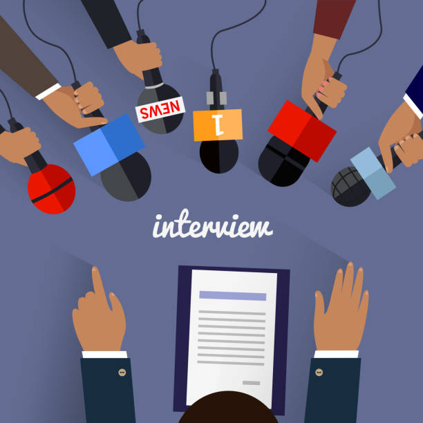 Workspace Interview Design Flat Workspace interview design flat. Job interview, tv interview, interview microphone, business workplace, office table, desk and businessman employment illustration interview event backgrounds stock illustrations