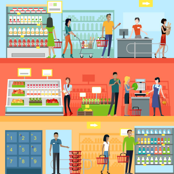 bildbanksillustrationer, clip art samt tecknat material och ikoner med people in supermarket interior design - kundkorg