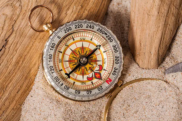 Photo of compass on beach sand