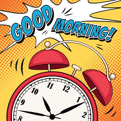 Vector Good morning illustration with red alarm clock ringing for wake up. Comic background in pop art style