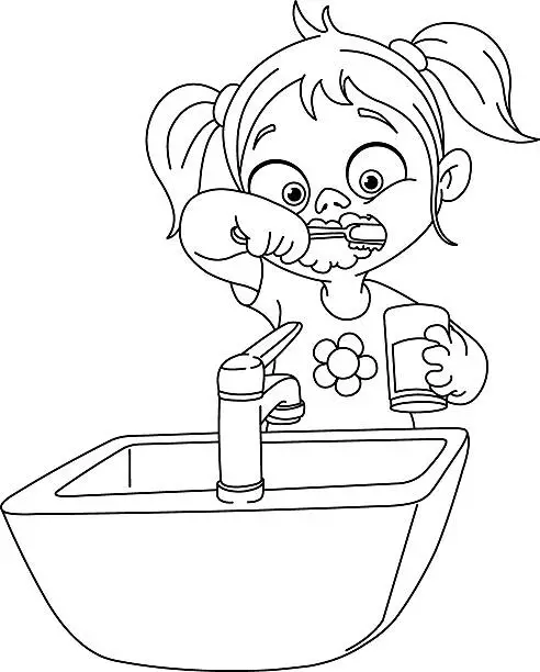 Vector illustration of Outlined girl brushing teeth