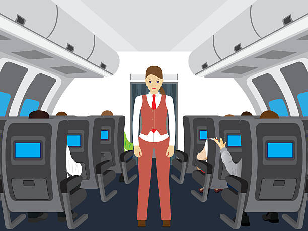 пассажиров и stewardess на самолете. - vehicle seat illustrations stock illustrations