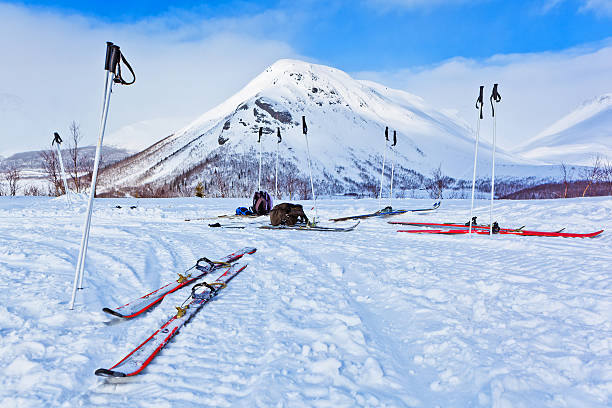 ski in the winter mountains in the background
