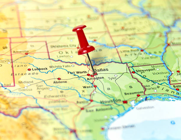Dallas Map of the USA with pin set on Dallas. usa road map selective focus macro stock pictures, royalty-free photos & images