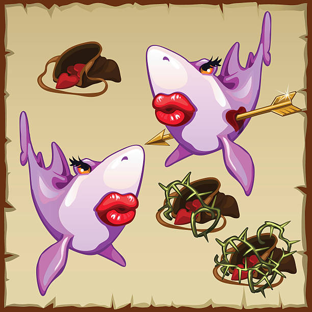 Pink sharks and bags of hearts with thorns Pair of pink sharks and a few bags of hearts with thorns fish with big lips stock illustrations