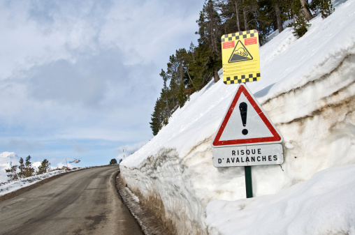 French avalanche danger sign on the side of a snowy road