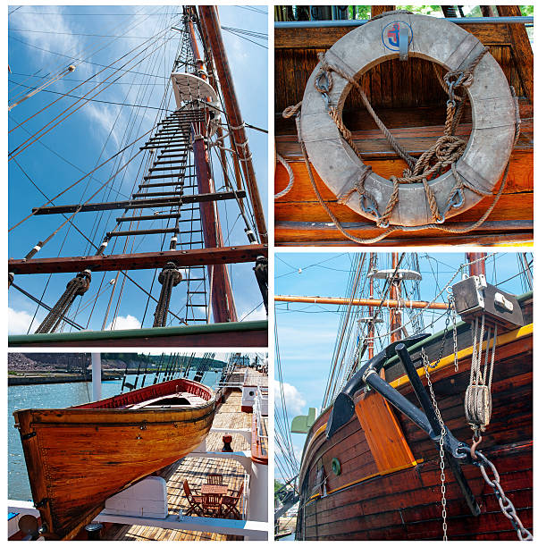 Collage of details of sailing vessels Collage of details of old traditional sailing vessels sailboat mast stock pictures, royalty-free photos & images