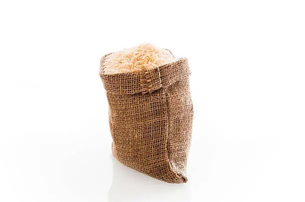 Photo of Basmati rice in burlap bag